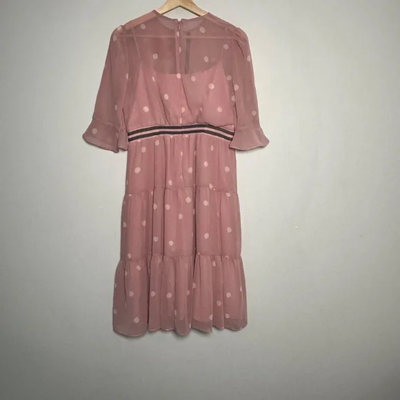 Gal Meets Glam Finely Polka Dot Tiered Midi Pink Dress Women's 4 Petite - Picture 10 of 16